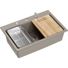 Graniteq MARC 110 WORKSTATION GraniteQ zlewozmywak 1-komorowy 760*500*235 mm soft taupe + syfon push to open + dozownik stal szcz.+ wkładka ociekowa+ Qmata +deska/ elementy stalowe