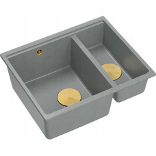 Graniteq Zlewozmywak GraniteQ QUADRON | LOGAN 150 | granitowy zlewozmywak kuchenny SZARY + ZŁOTO PVD | wymiary: 56 x 46 x 22 cm | 1,5-komorowy podwieszany | podbudowa szafki od: 60 cm