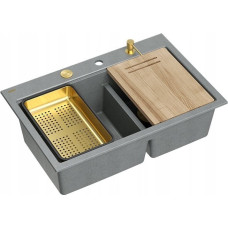 Graniteq Zlewozmywak GraniteQ MARC 120 WORKSTATION GraniteQ zlewozmywak 2-komorowy 760*500*235 mm silver stone + syfon push to open + dozownik + deska + wkładka / elementy złote