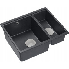 Graniteq Zlewozmywak GraniteQ QUADRON | LOGAN 150 | granitowy zlewozmywak kuchenny CZARNY + STAL | wymiary: 56 x 46 x 22 cm | 1,5-komorowy wpuszczany | podbudowa szafki od: 60 cm