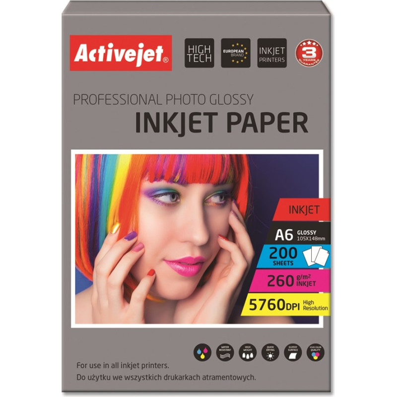 Activejet AP6-260GR200 photo paper for ink printers; A6; 200 pcs; 10x15, idealny do wydrukowania zdjęcia, kolorowego wspomnienia