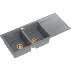 Graniteq Zlewozmywak GraniteQ EVAN 121 zlewozmywak z syfonem Push To Open 2-komorowy z/o (1160x500x210; kom. 420x340) silver stone / elementy miedziane