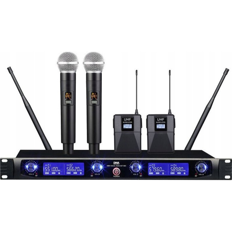 Bitmat Mikrofon DNA DNA WM4 VOCAL HEAD SET MIX podwójny zestaw system nagłośnienia mikrofon bezprzewodowy 2x nadajnik doręczny 2x nadajnik nagłowny + bodypack